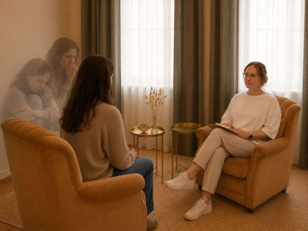 Klientin während psychotherapeutischer Sitzung bei der Arbeit mit inneren Anteilen in Berlin Prenzlauer Berg